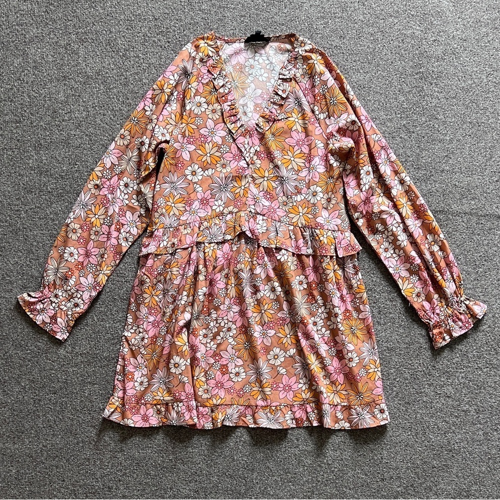 Pink Orange Long Sleeve Lightweight V-Neck Floral Print Smock Dress Women’s XL